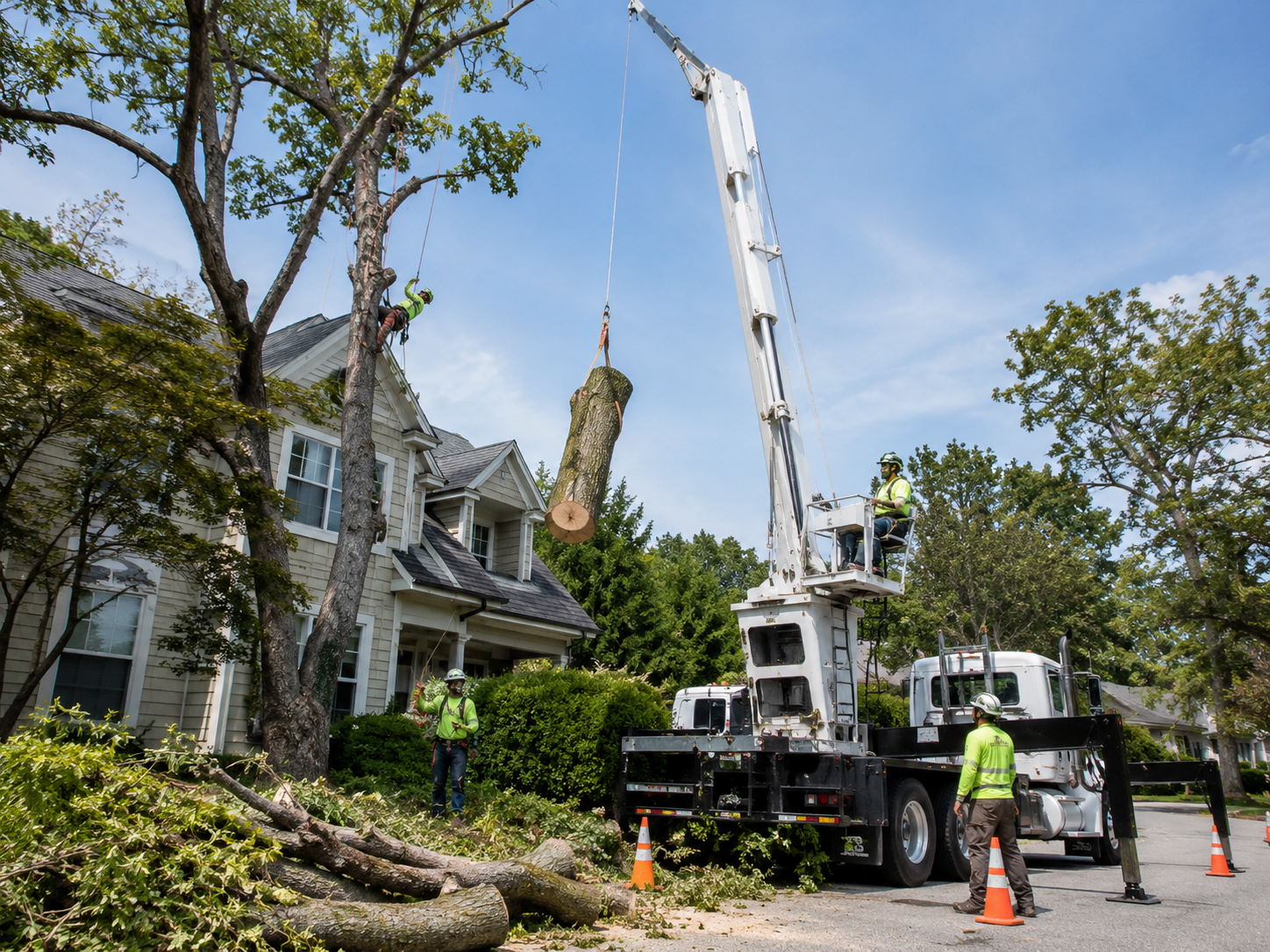 Rodriguez Tree Services crane on a residential job site