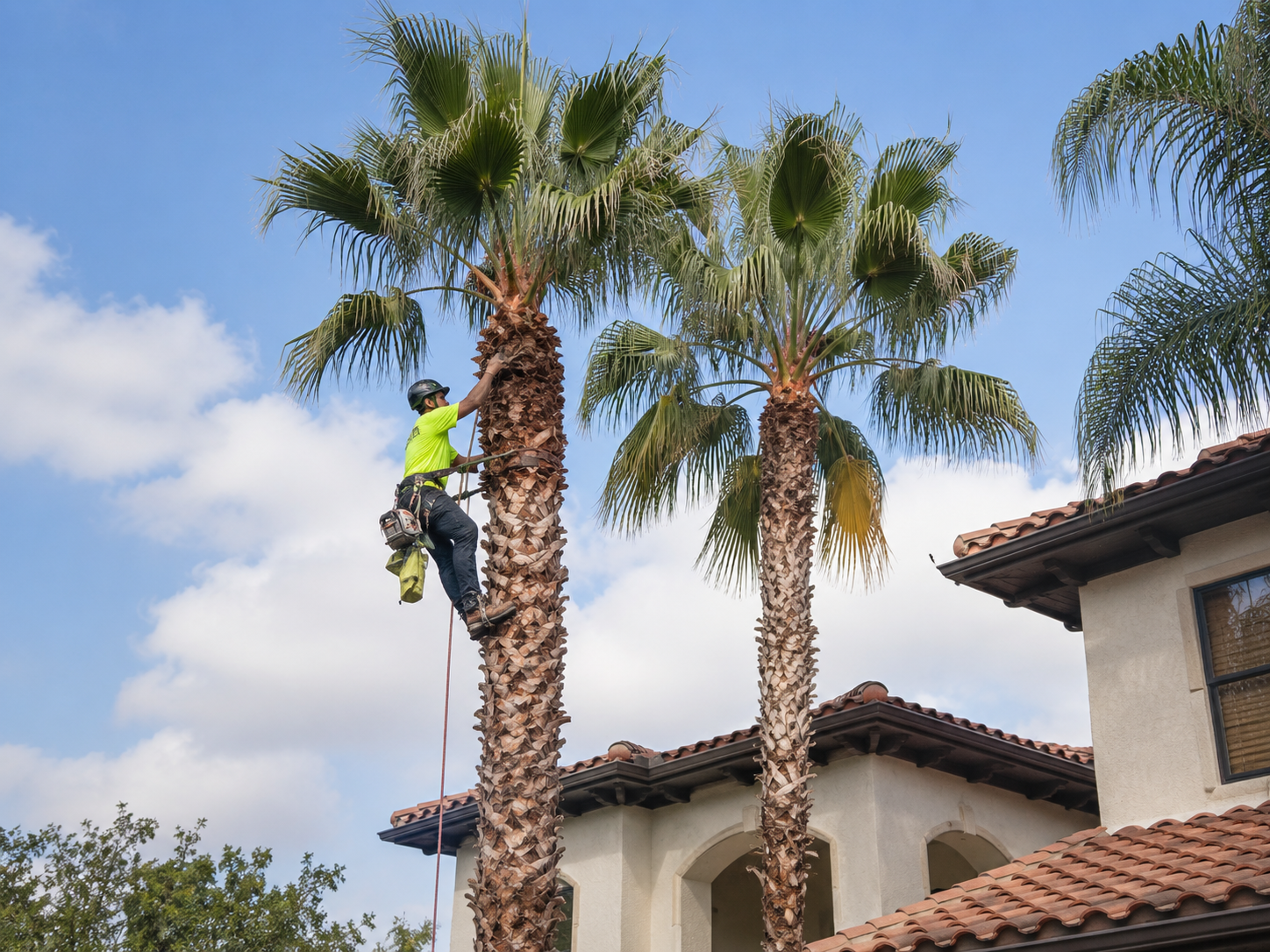 Crew member cleaning a tall palm tree beside a residential home