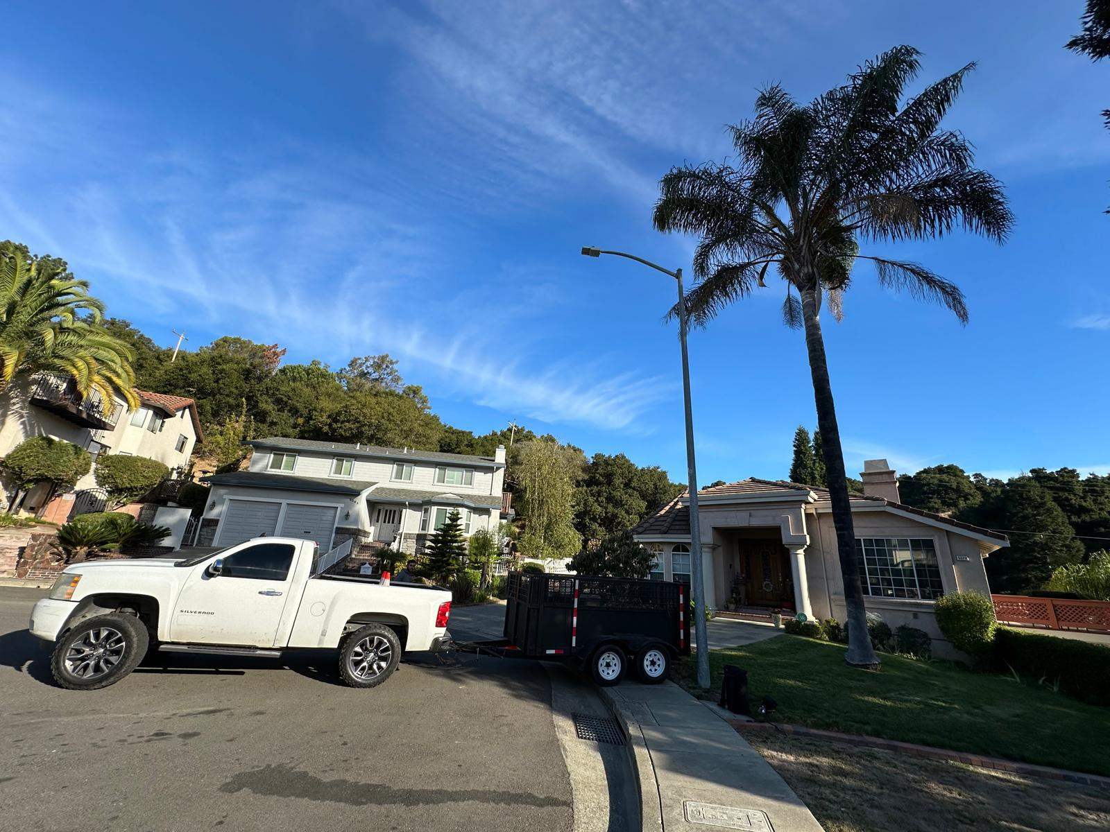 Rodriguez Tree Services truck and trailer parked at a residential job site